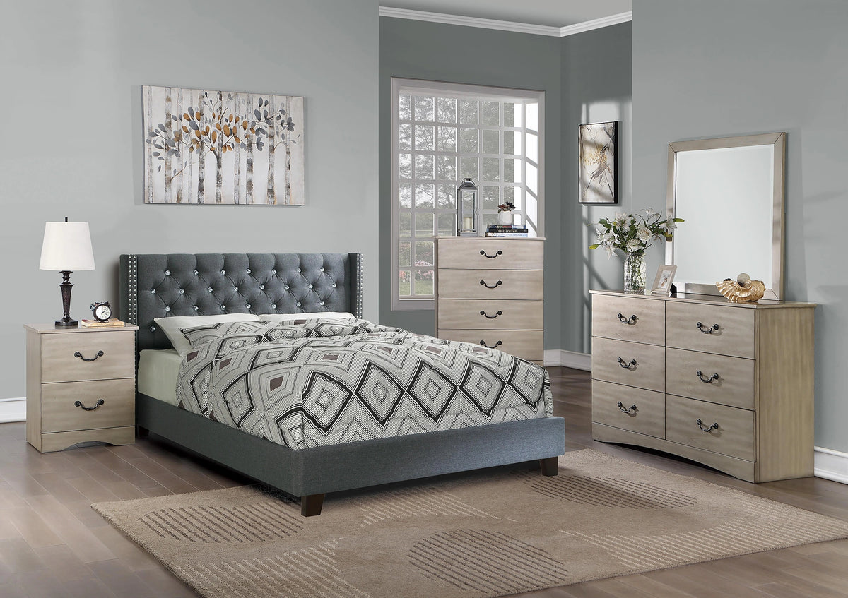 Vphong Full Bed/Nailhead Trim/Fabric-Blue Grey in Blue Grey / Espresso