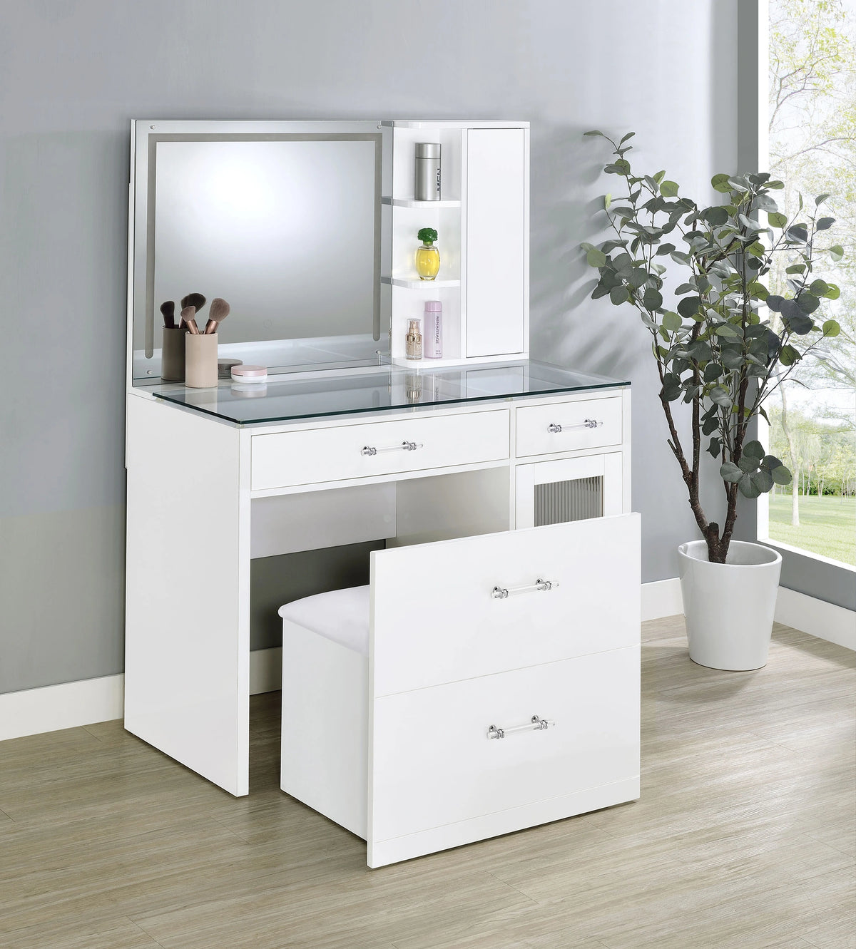 Flora Makeup Vanity Table with LED Mirror and Stool Set
