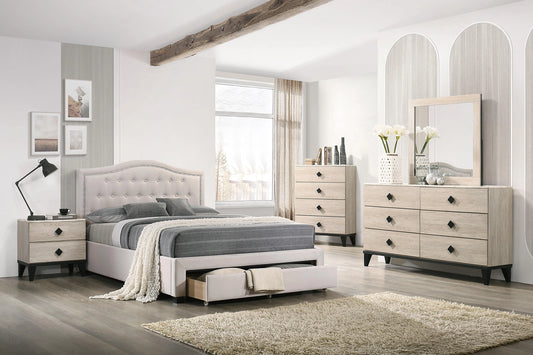 Liihcc Queen Bed W/Drawer-Light Brown Burlap in Light Brown / Black