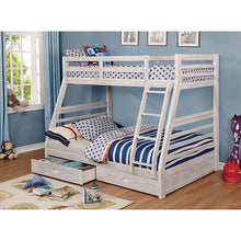 Cargar imagen en el visor de la galería, California III Wire-Brushed White Twin/Full Bunk Bed w/ 2 Drawers