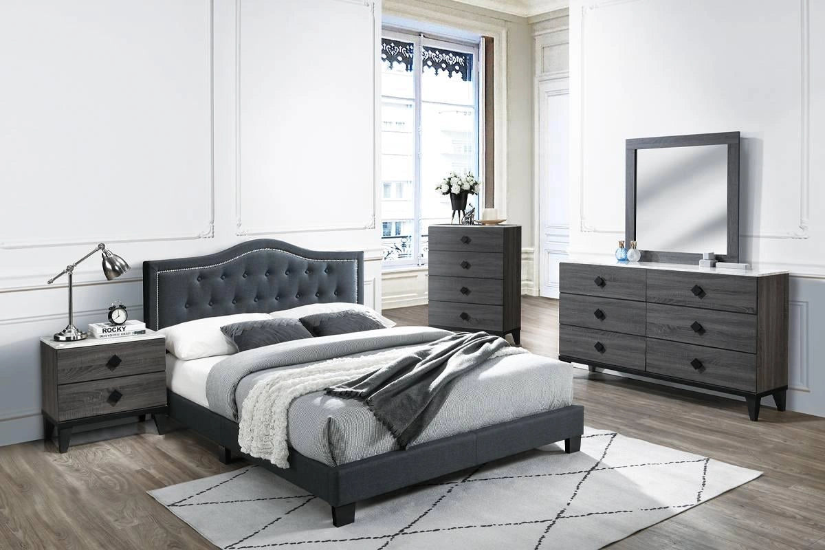 Chyuan Full Bed/Charcoal Burplap in Charcoal / Black